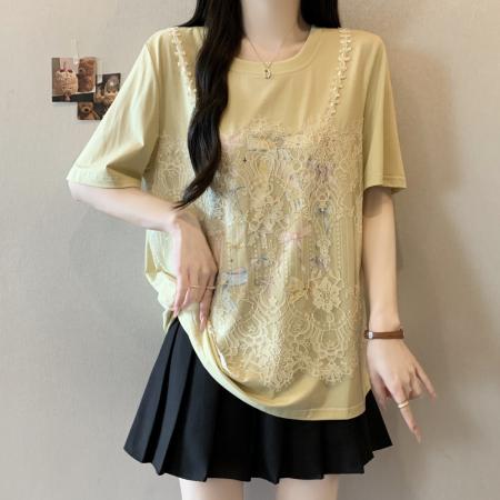 BY21480# 大码拼接蕾丝假两件短袖t恤女夏季宽松设计感独特漂亮巨好看上衣 服裝批發女裝批發服飾貨源