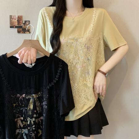BY21480# 大码拼接蕾丝假两件短袖t恤女夏季宽松设计感独特漂亮巨好看上衣 服裝批發女裝批發服飾貨源