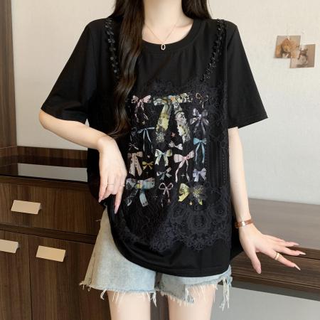 BY21480# 大码拼接蕾丝假两件短袖t恤女夏季宽松设计感独特漂亮巨好看上衣 服裝批發女裝批發服飾貨源