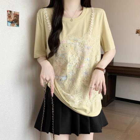 BY21480# 大码拼接蕾丝假两件短袖t恤女夏季宽松设计感独特漂亮巨好看上衣 服裝批發女裝批發服飾貨源