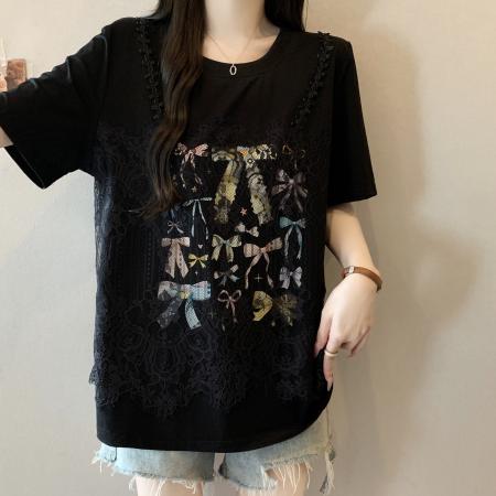 BY21480# 大码拼接蕾丝假两件短袖t恤女夏季宽松设计感独特漂亮巨好看上衣 服裝批發女裝批發服飾貨源