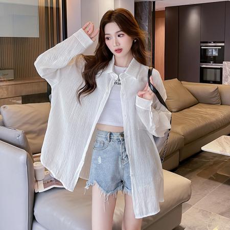 BY21482# 夏季纯色防晒POLO领开衫长袖宽松衬衣女 服裝批發女裝批發服飾貨源