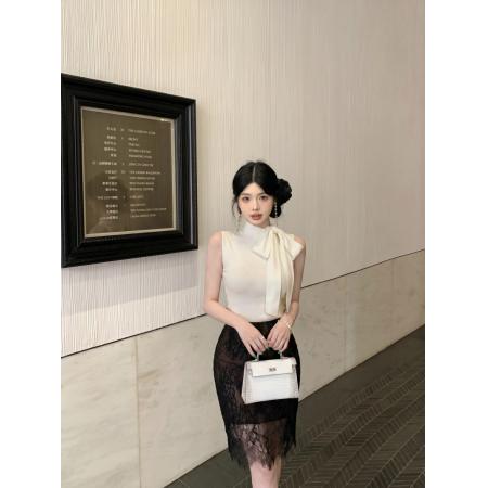 BY21499# 飘带围脖无袖修身针织上衣女纯欲性感高腰百搭蕾丝半裙 服裝批發女裝批發服飾貨源