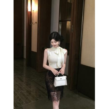 BY21499# 飘带围脖无袖修身针织上衣女纯欲性感高腰百搭蕾丝半裙 服裝批發女裝批發服飾貨源