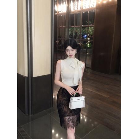 BY21499# 飘带围脖无袖修身针织上衣女纯欲性感高腰百搭蕾丝半裙 服裝批發女裝批發服飾貨源