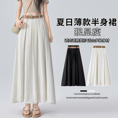 BY21501# 棉麻半身裙女夏季新款高腰显瘦A字减龄百搭气质百折裙子  服裝批發女裝批發服飾貨源