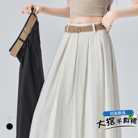 BY21501# 棉麻半身裙女夏季新款高腰显瘦A字减龄百搭气质百折裙子  服裝批發女裝批發服飾貨源
