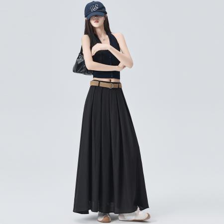 BY21501# 棉麻半身裙女夏季新款高腰显瘦A字减龄百搭气质百折裙子  服裝批發女裝批發服飾貨源