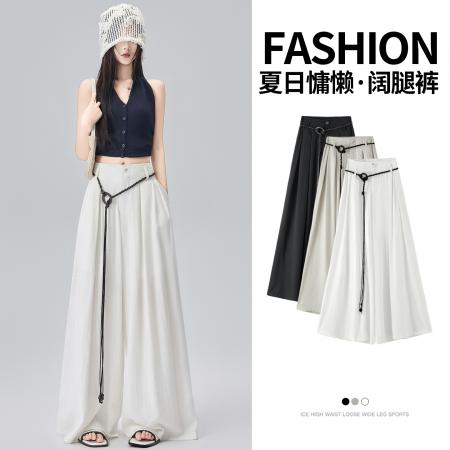BY21502# 白色休闲冰丝棉麻阔腿裤子女夏季薄款高腰垂感宽松拖地长裤子  服裝批發女裝批發服飾貨源