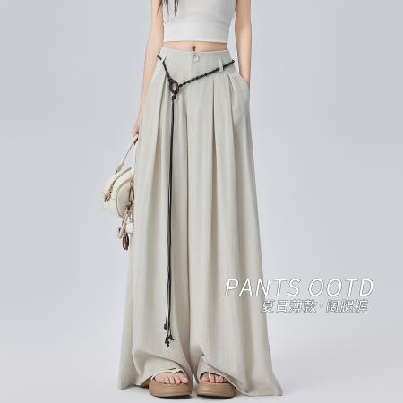 BY21502# 白色休闲冰丝棉麻阔腿裤子女夏季薄款高腰垂感宽松拖地长裤子  服裝批發女裝批發服飾貨源