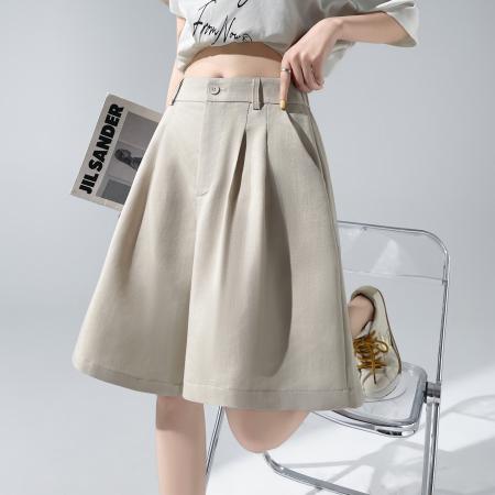 BY21505# 白色西装五分裤女夏日新款高腰遮胯显瘦通勤a字阔腿裤子  服裝批發女裝批發服飾貨源