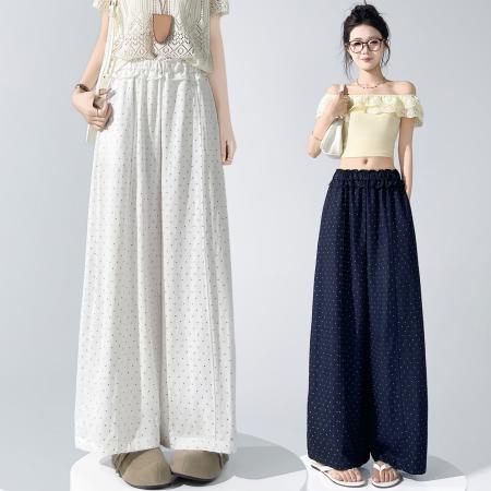 BY21509# 藏青色波点冰丝山本阔腿裤女夏薄款新款圆点直筒九分裤子  服裝批發女裝批發服飾貨源