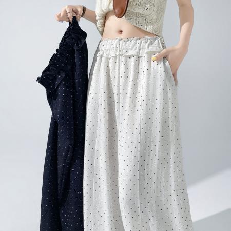 BY21509# 藏青色波点冰丝山本阔腿裤女夏薄款新款圆点直筒九分裤子  服裝批發女裝批發服飾貨源