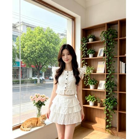 BY21522# 千奈凉子白色蛋糕裙镂空短款上衣甜辣半身裙两件套  服裝批發女裝批發服飾貨源