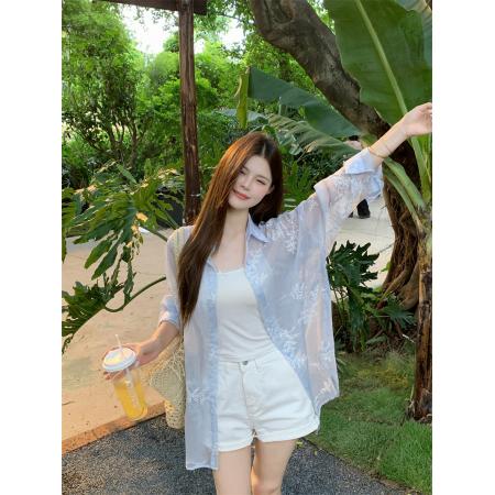 BY21524# 夏季新款白色刺绣提花防晒衬衫女薄款宽松百搭上衣  服裝批發女裝批發服飾貨源