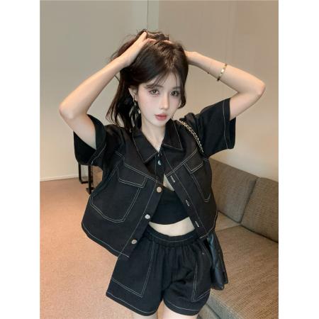 BY21534# 法式气质减龄小香风套装夏季工装短袖短裤两件套女  服裝批發女裝批發服飾貨源