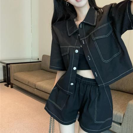 BY21534# 法式气质减龄小香风套装夏季工装短袖短裤两件套女  服裝批發女裝批發服飾貨源