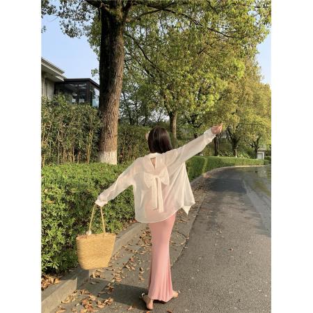 BY21537# 夏季新款蝴蝶结绑带露背镂空长袖甜美宽松防晒开衫  服裝批發女裝批發服飾貨源