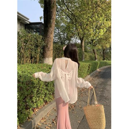 BY21537# 夏季新款蝴蝶结绑带露背镂空长袖甜美宽松防晒开衫  服裝批發女裝批發服飾貨源
