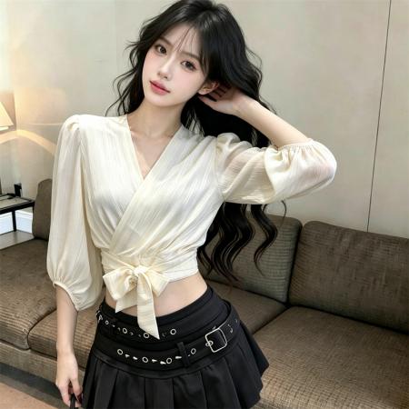 BY21538# 设计感衬衫女新款气质V领交叉系带上衣短款薄款雪纺衫女  服裝批發女裝批發服飾貨源