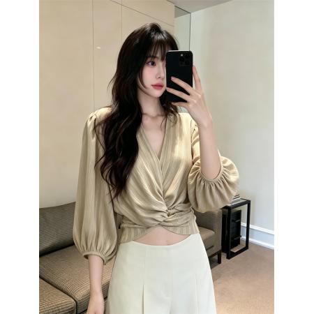 BY21538# 设计感衬衫女新款气质V领交叉系带上衣短款薄款雪纺衫女  服裝批發女裝批發服飾貨源