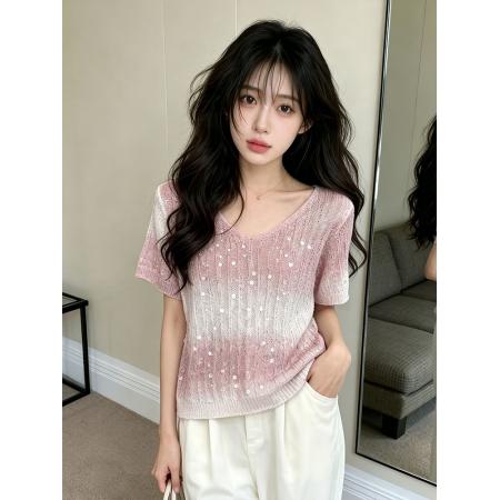 BY21541# 夏季新款V领设计渐变色洋气活力撞色条纹针织衫上衣  服裝批發女裝批發服飾貨源