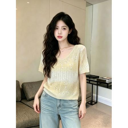 BY21541# 夏季新款V领设计渐变色洋气活力撞色条纹针织衫上衣  服裝批發女裝批發服飾貨源