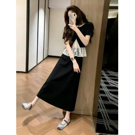 BY21546# 蕾丝连帽拼接短袖半身裙休闲运动套装女夏季洋气减龄两件套  服裝批發女裝批發服飾貨源