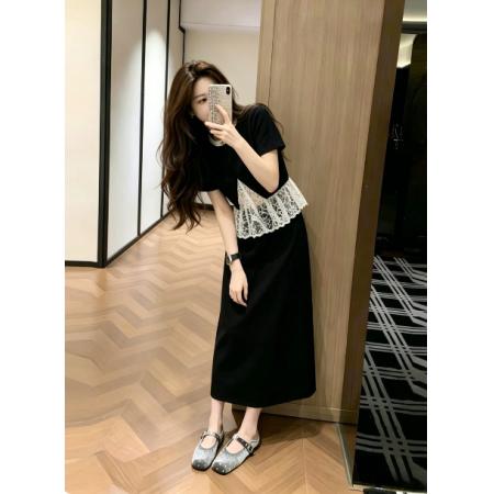 BY21546# 蕾丝连帽拼接短袖半身裙休闲运动套装女夏季洋气减龄两件套  服裝批發女裝批發服飾貨源