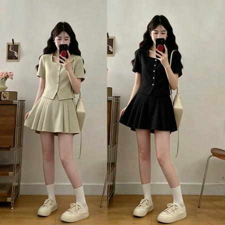 BY21549# 夏季新品时尚减龄U领短袖上衣+百褶裙两件套套装  服裝批發女裝批發服飾貨源