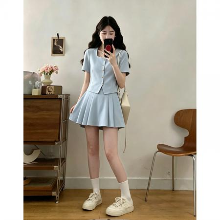 BY21549# 夏季新品时尚减龄U领短袖上衣+百褶裙两件套套装  服裝批發女裝批發服飾貨源