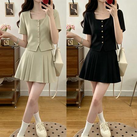 BY21549# 夏季新品时尚减龄U领短袖上衣+百褶裙两件套套装  服裝批發女裝批發服飾貨源