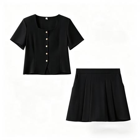 BY21549# 夏季新品时尚减龄U领短袖上衣+百褶裙两件套套装  服裝批發女裝批發服飾貨源