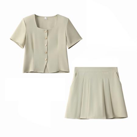 BY21549# 夏季新品时尚减龄U领短袖上衣+百褶裙两件套套装  服裝批發女裝批發服飾貨源