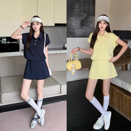 BY21551# 夏季新款时尚减龄显瘦POLO领上衣+假两件裤裙两件套套装  服裝批發女裝批發服飾貨源