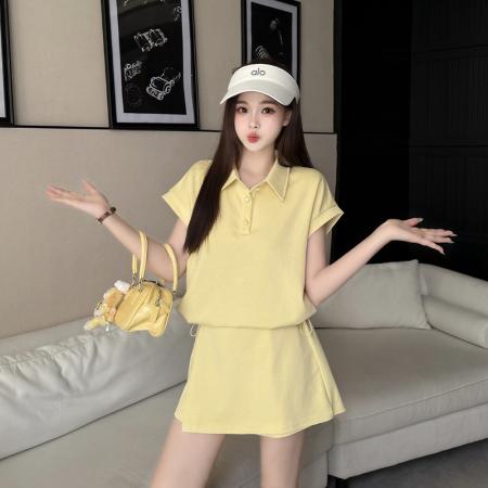 BY21551# 夏季新款时尚减龄显瘦POLO领上衣+假两件裤裙两件套套装  服裝批發女裝批發服飾貨源