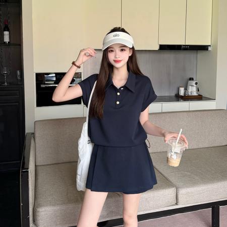 BY21551# 夏季新款时尚减龄显瘦POLO领上衣+假两件裤裙两件套套装  服裝批發女裝批發服飾貨源