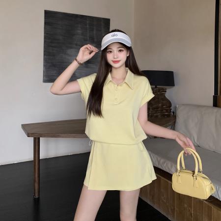 BY21551# 夏季新款时尚减龄显瘦POLO领上衣+假两件裤裙两件套套装  服裝批發女裝批發服飾貨源