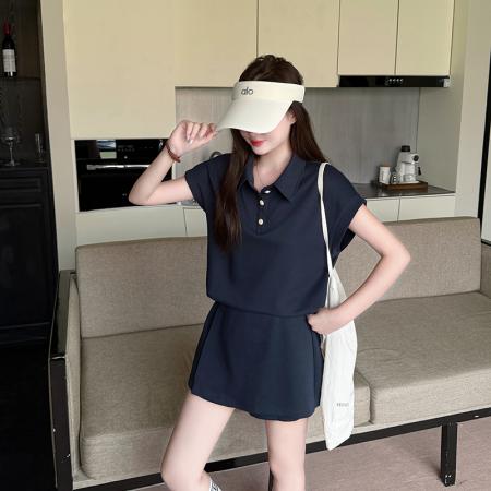 BY21551# 夏季新款时尚减龄显瘦POLO领上衣+假两件裤裙两件套套装  服裝批發女裝批發服飾貨源