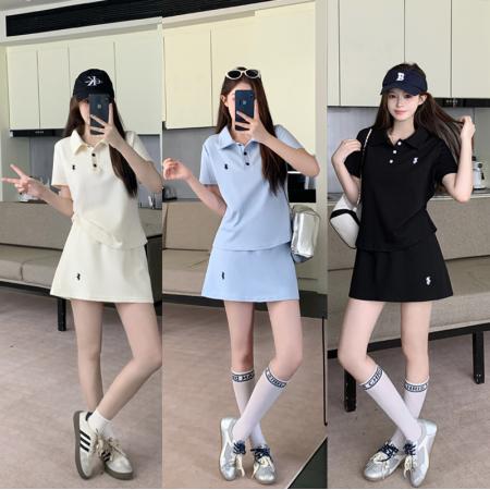 BY21553# 夏季新品大码女装显瘦POLO领上衣+假两件裤裙两件套装  服裝批發女裝批發服飾貨源