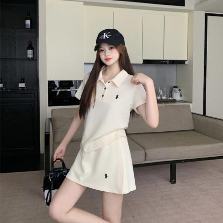 BY21553# 夏季新品大码女装显瘦POLO领上衣+假两件裤裙两件套装  服裝批發女裝批發服飾貨源