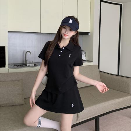 BY21553# 夏季新品大码女装显瘦POLO领上衣+假两件裤裙两件套装  服裝批發女裝批發服飾貨源