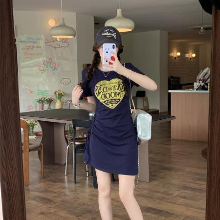 BY21554# 大码女装胖MM抽绳收腰时尚减龄遮肉显瘦连衣裙  服裝批發女裝批發服飾貨源