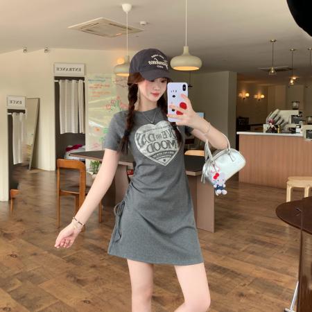 BY21554# 大码女装胖MM抽绳收腰时尚减龄遮肉显瘦连衣裙  服裝批發女裝批發服飾貨源