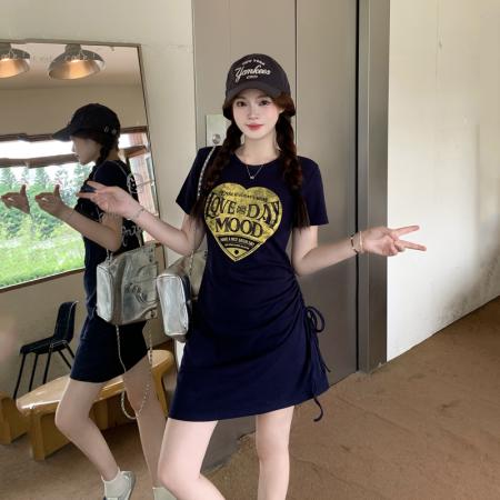 BY21554# 大码女装胖MM抽绳收腰时尚减龄遮肉显瘦连衣裙  服裝批發女裝批發服飾貨源