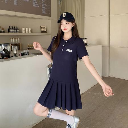BY21555# 夏季新品胖MM纯色Polo领显瘦百褶连衣裙  服裝批發女裝批發服飾貨源