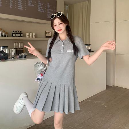 BY21555# 夏季新品胖MM纯色Polo领显瘦百褶连衣裙  服裝批發女裝批發服飾貨源
