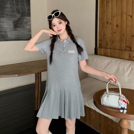 BY21555# 夏季新品胖MM纯色Polo领显瘦百褶连衣裙  服裝批發女裝批發服飾貨源