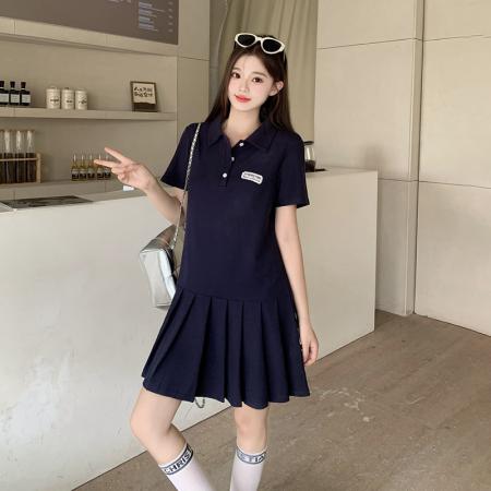 BY21555# 夏季新品胖MM纯色Polo领显瘦百褶连衣裙  服裝批發女裝批發服飾貨源
