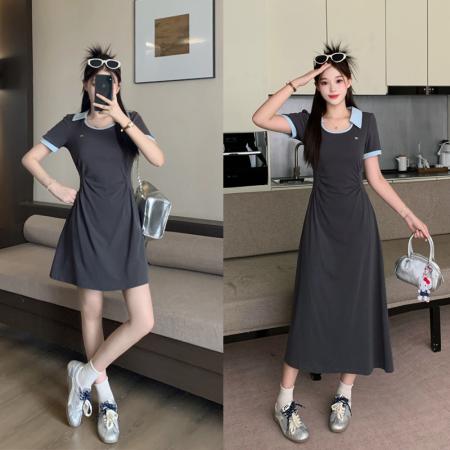 BY21556# 大码女装胖MM时尚简约收腰POLO领撞色设计中长款连衣裙  服裝批發女裝批發服飾貨源